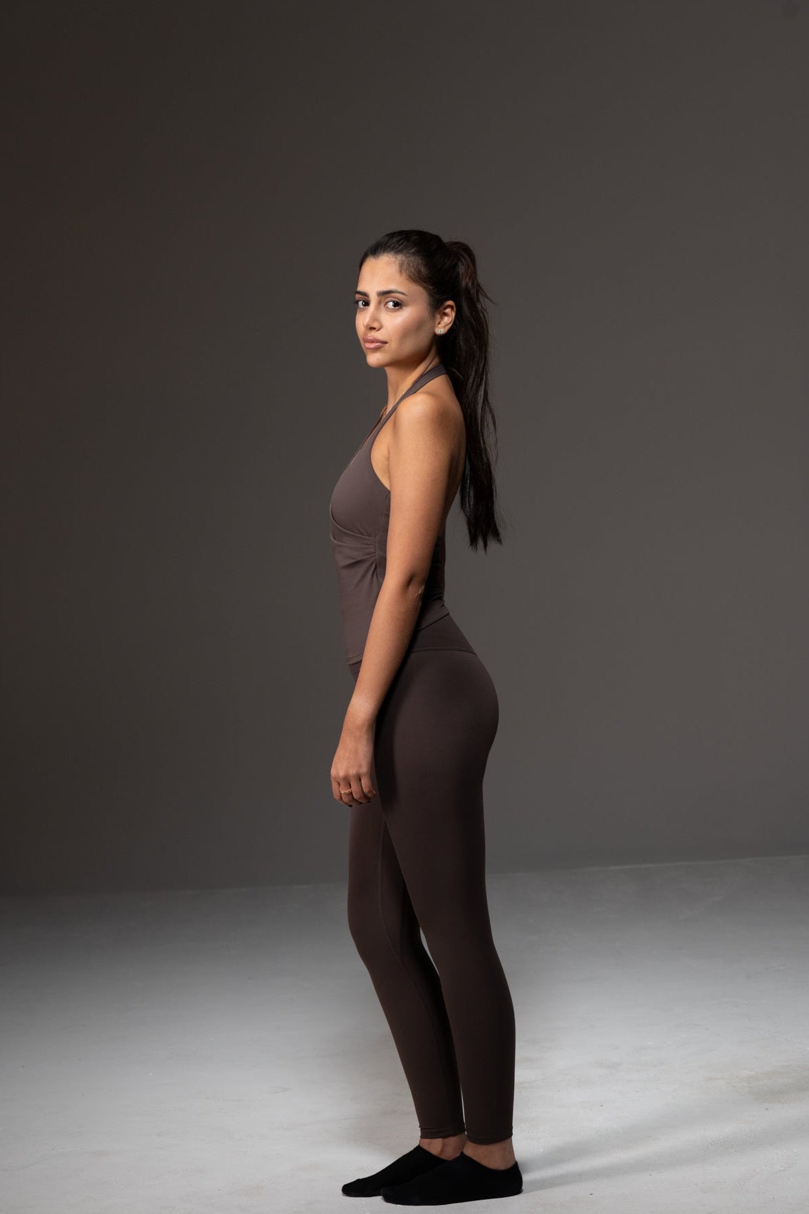 Soft Active Cross Halter Neck Top in Light Coffee